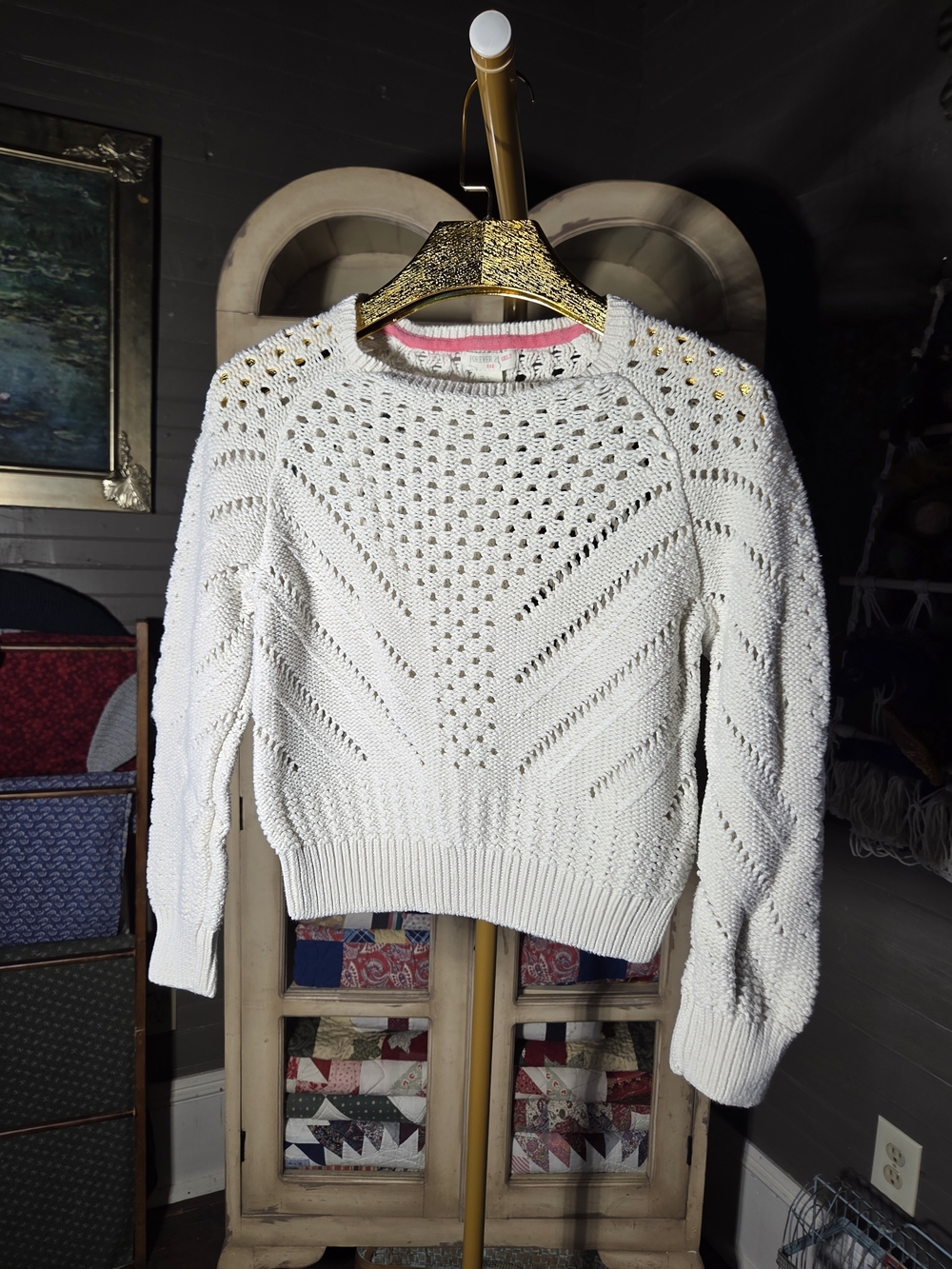 Forever 21 White Eyelet Knit Crewneck Sweater